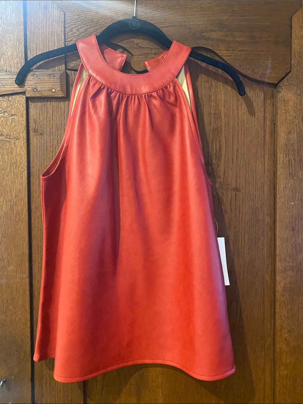 NWT-Sleeveless Red Faux-Leather Halter Top. sm